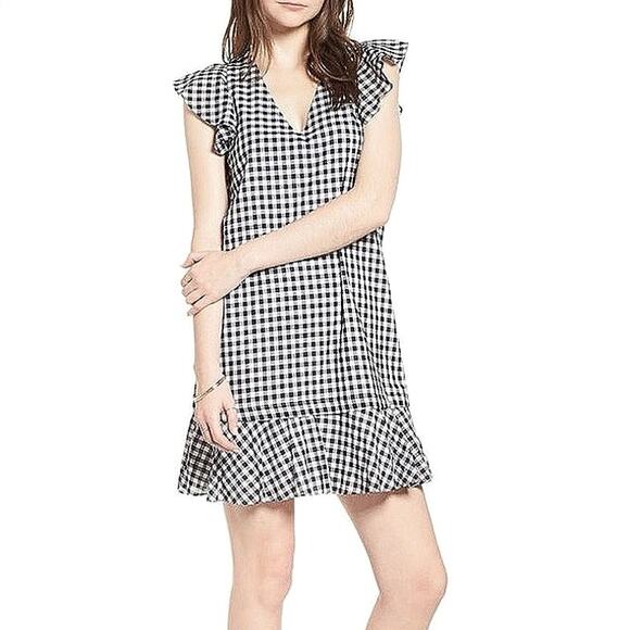 Madewell Blue White Checkered Plaid Ruffle Flutter Sleeve Mini Shift Dress Sz 6 - Picture 1 of 7